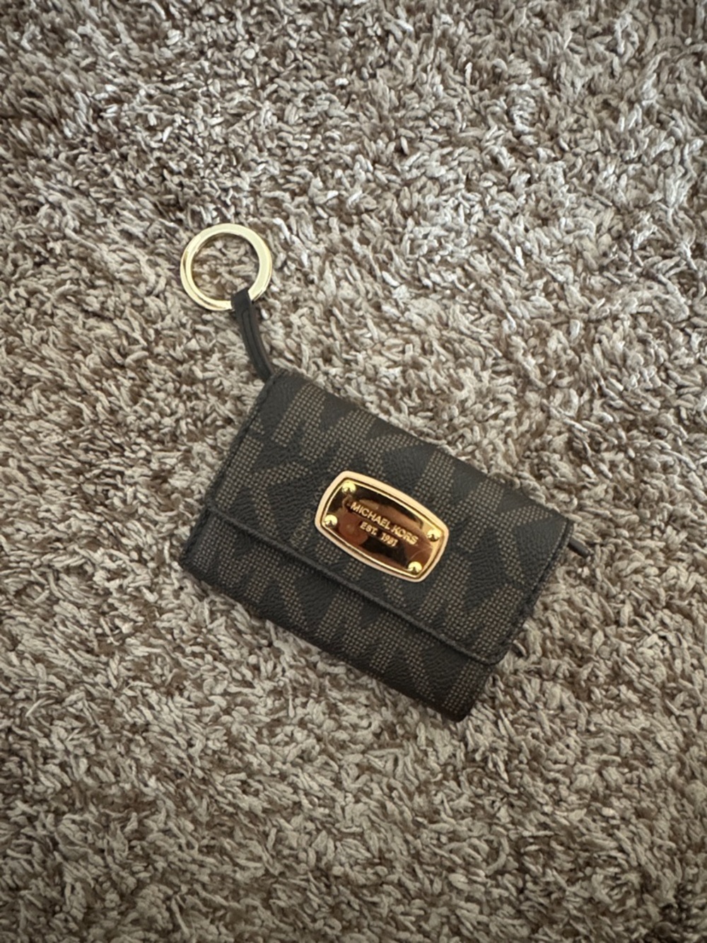 Michael Kors Brown and Dark Brown Signature Card Case with Gold Plaque